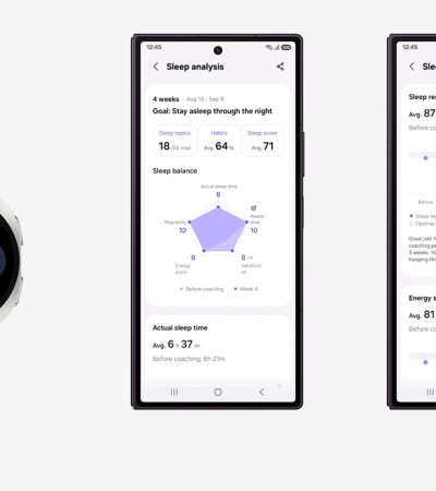 Schermate Samsung Health con grafico Equilibrio del sonno e Galaxy Watch