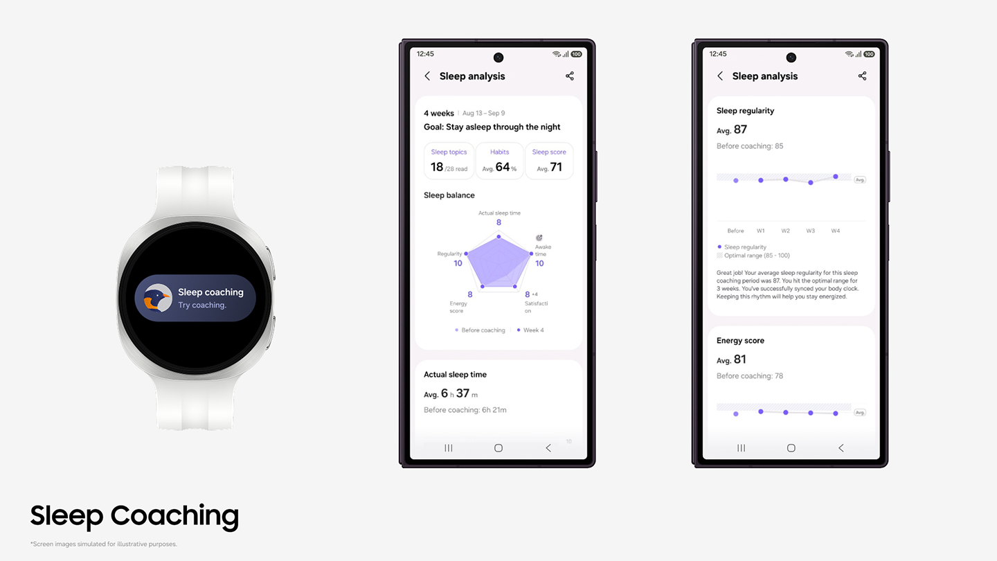 Schermate del programma Guida al sonno di Samsung Health con Galaxy Watch