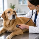 Immagine illustrativa generata con IA di un cane durante l'auscultazione cardiaca veterinaria