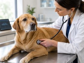 Immagine illustrativa generata con IA di un cane durante l'auscultazione cardiaca veterinaria
