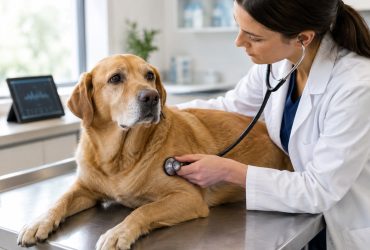 Immagine illustrativa generata con IA di un cane durante l'auscultazione cardiaca veterinaria