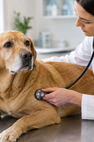 Immagine illustrativa generata con IA di un cane durante l'auscultazione cardiaca veterinaria