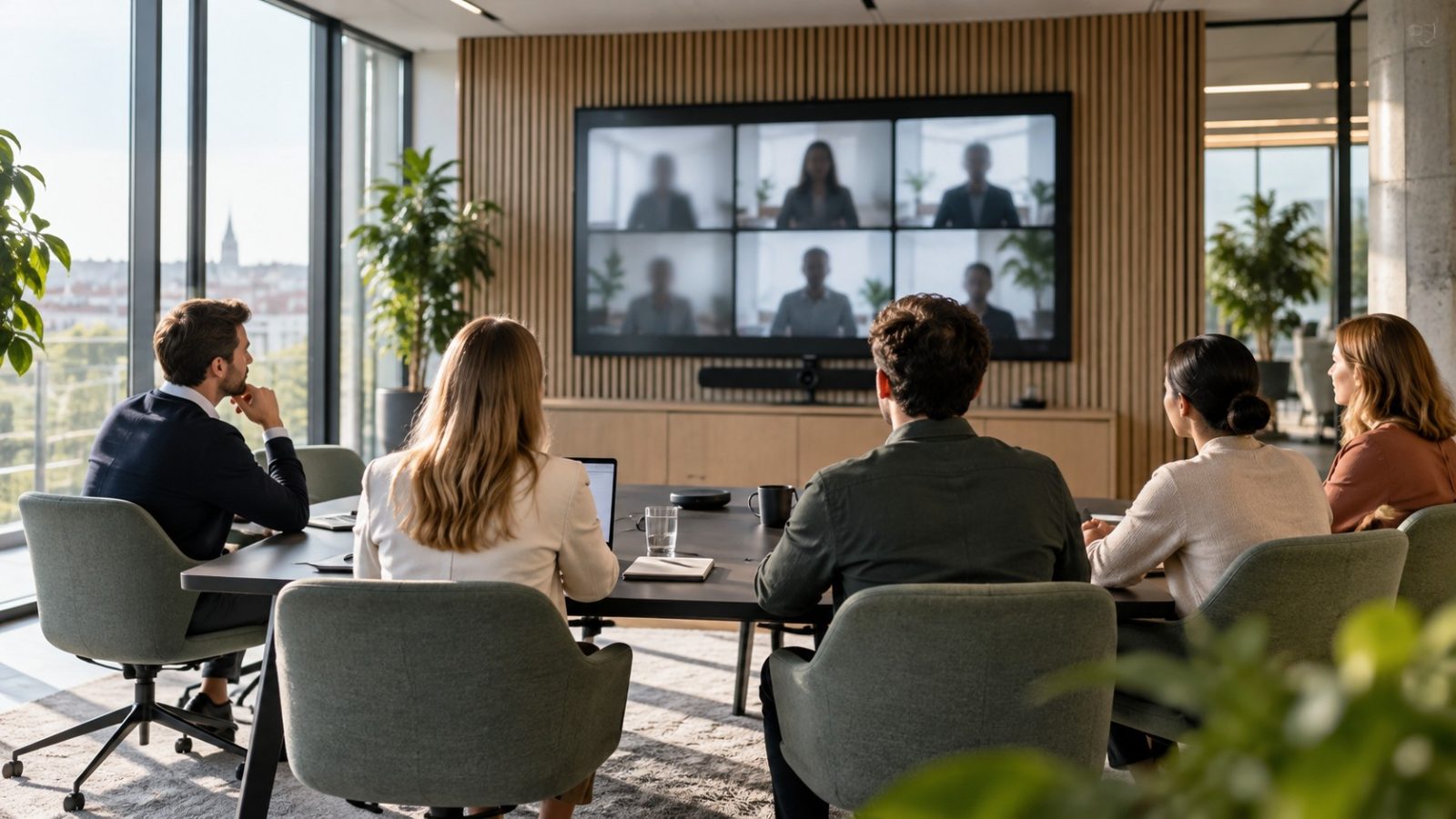 Sala riunioni con display per la collaborazione remota, immagine creata con IA