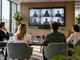 Sala riunioni con display per la collaborazione remota, immagine creata con IA