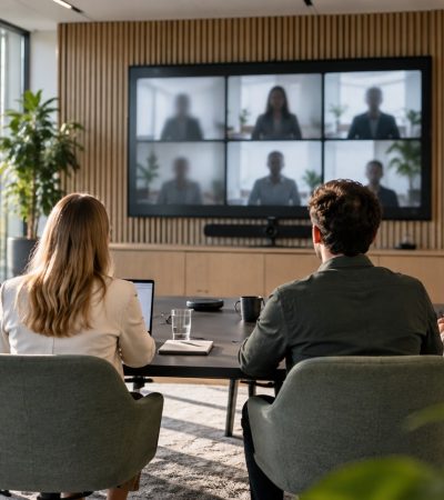 Sala riunioni con display per la collaborazione remota, immagine creata con IA