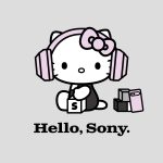 Hello Kitty con le cuffie Sony e la scritta Hello, Sony