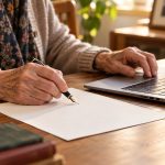 Mani anziane tra laptop e foglio per la scrittura a mano, illustrazione creata con IA