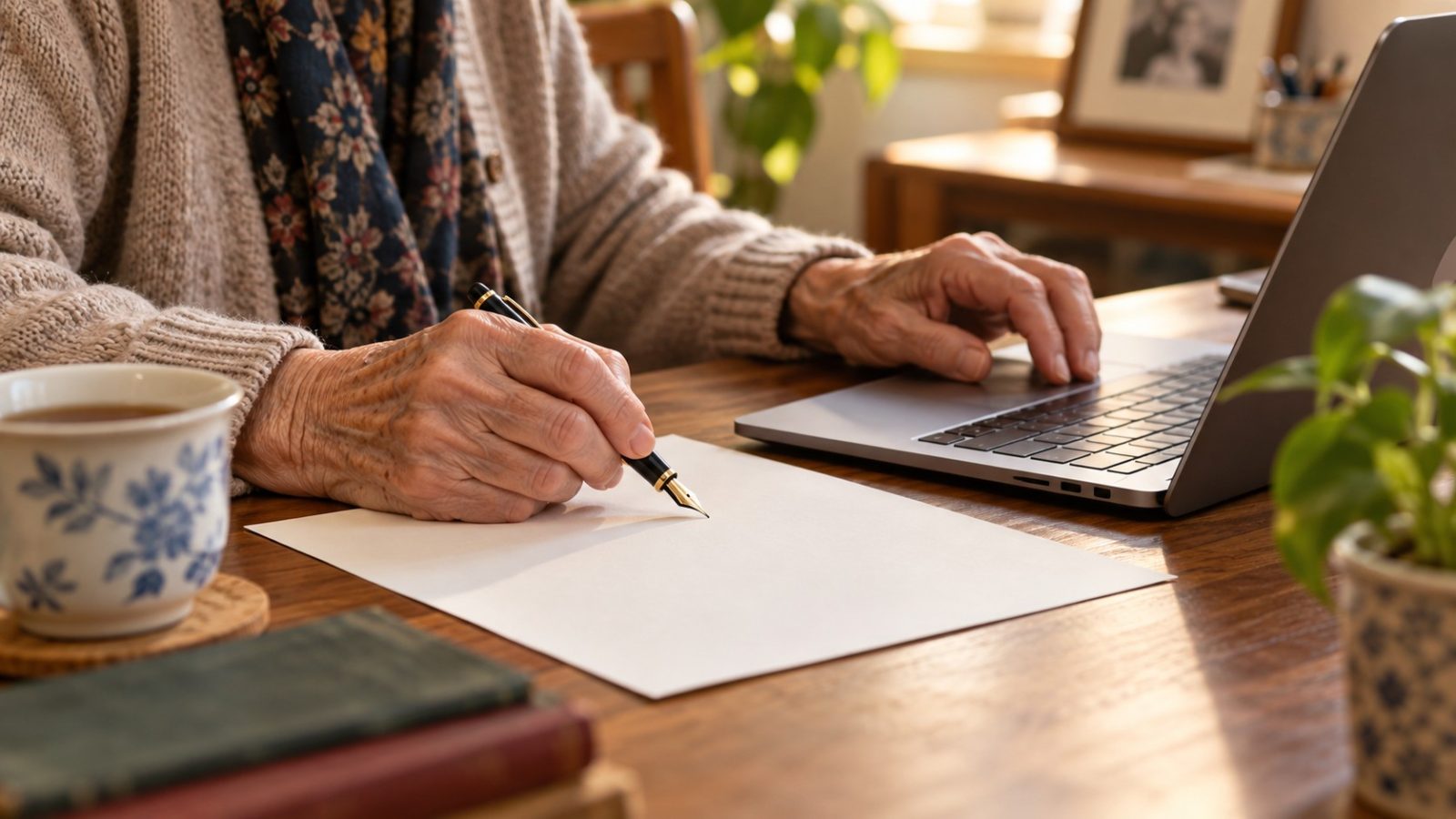 Mani anziane tra laptop e foglio per la scrittura a mano, illustrazione creata con IA