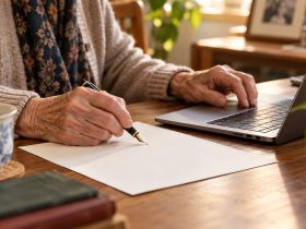 Mani anziane tra laptop e foglio per la scrittura a mano, illustrazione creata con IA