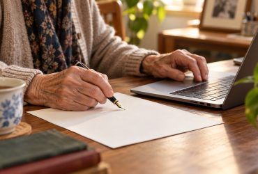 Mani anziane tra laptop e foglio per la scrittura a mano, illustrazione creata con IA