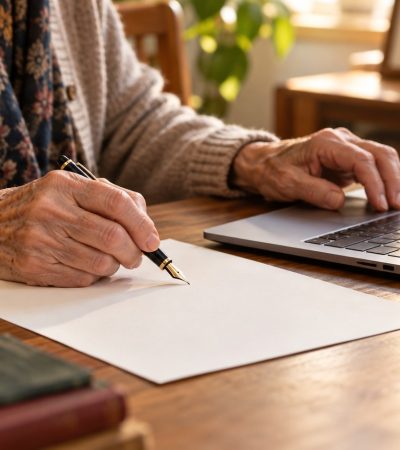 Mani anziane tra laptop e foglio per la scrittura a mano, illustrazione creata con IA