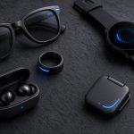 Occhiali smart, anello, smartwatch, auricolari e dispositivo clip-on con luci blu che richiamano l’intelligenza artificiale