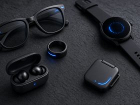 Occhiali smart, anello, smartwatch, auricolari e dispositivo clip-on con luci blu che richiamano l’intelligenza artificiale
