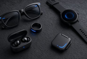 Occhiali smart, anello, smartwatch, auricolari e dispositivo clip-on con luci blu che richiamano l’intelligenza artificiale