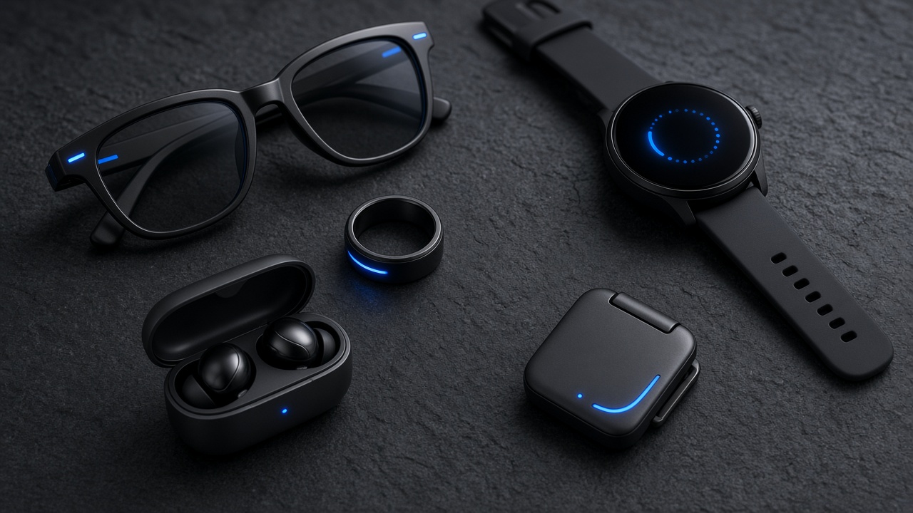 Occhiali smart, anello, smartwatch, auricolari e dispositivo clip-on con luci blu che richiamano l’intelligenza artificiale