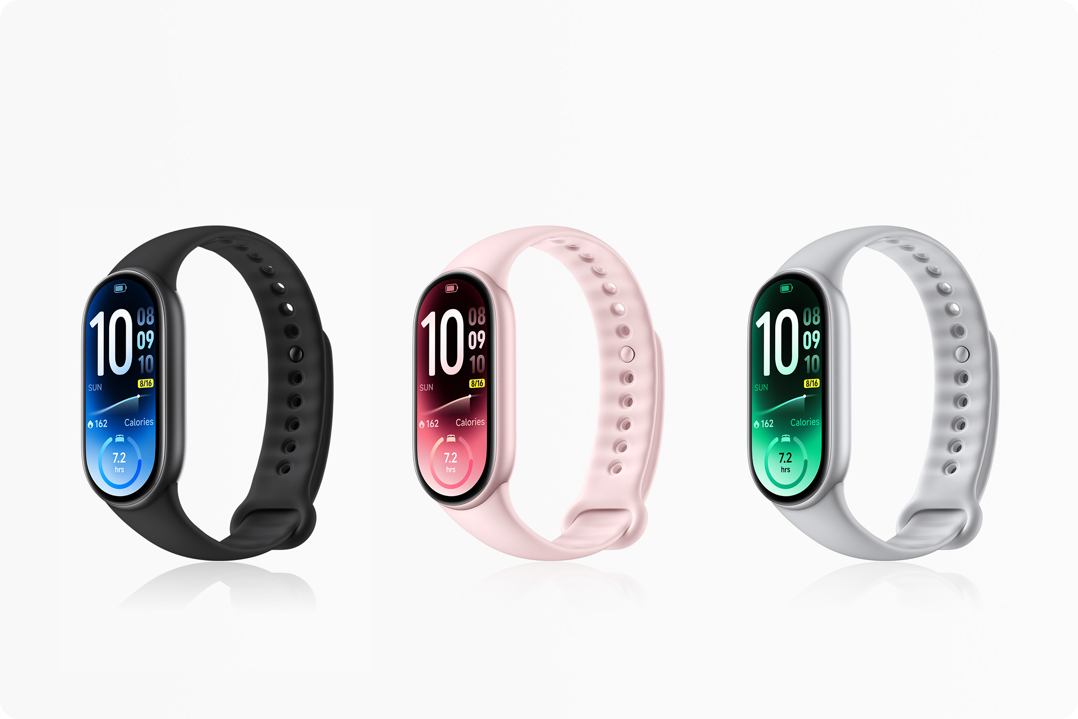 Xiaomi Smart Band 11 nelle colorazioni nero, rosa e argento con display AMOLED acceso